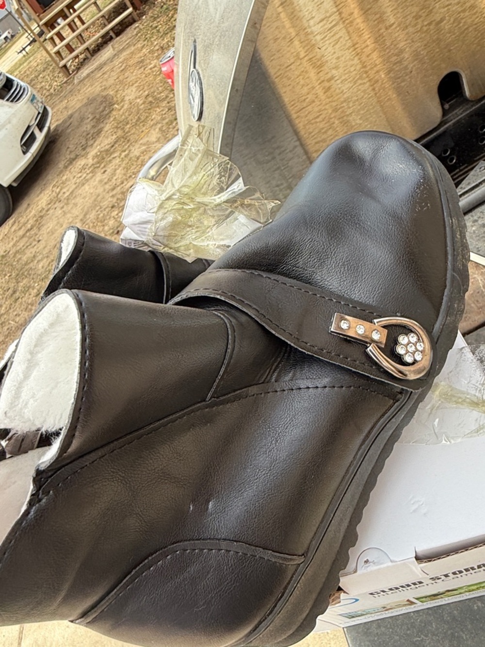 Black Leather Slip-On Shoe with Decorative Rhinestone Buckle
